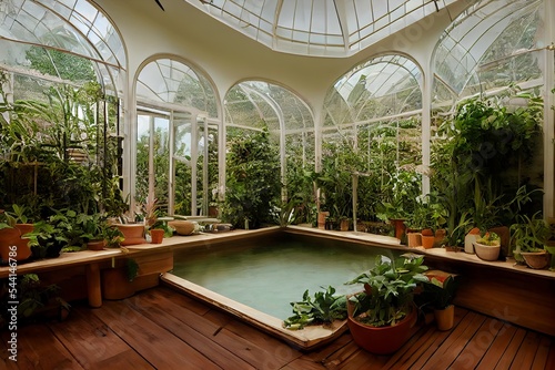 Victorian Spa and wellnes centre swimming pool in botanical garden interior illustration design