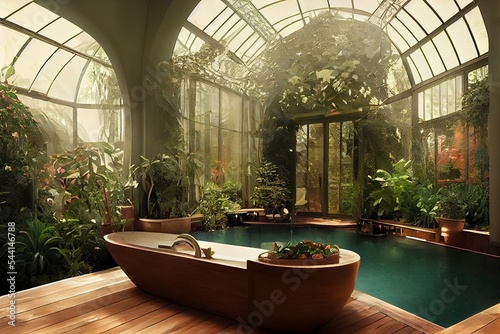 Victorian Spa and wellnes centre in botanical garden with plants interior illustration design