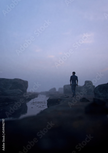 Man walks along a misty rocky river at sunrise. 3D render.