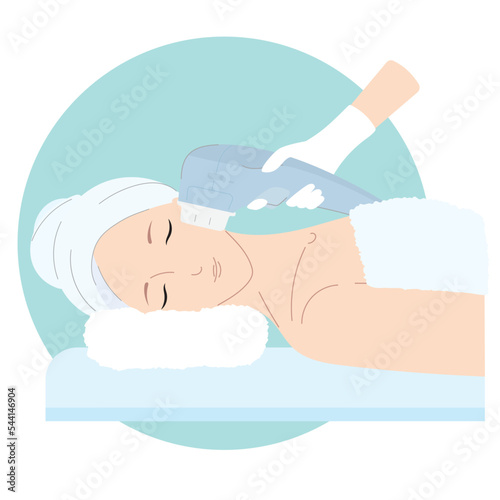 Woman getting HIFU spa treatment. High intensity focus ultrasound procedure. SMAS ultrasound face lifting massage with professional equipment in beauty salon. Skin treat