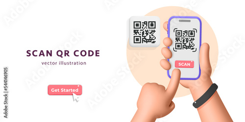 3d vector banner template for hand scanning qr code with mobile app service on smartphone design photo