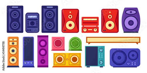 Colorful speakers for stereo system vector illustrations set. Cartoon drawings of modern equipment for sound system or music center isolated on white background. Music, technology concept
