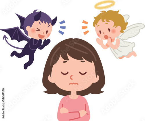 天使と悪魔に囁かれて考え込む女性