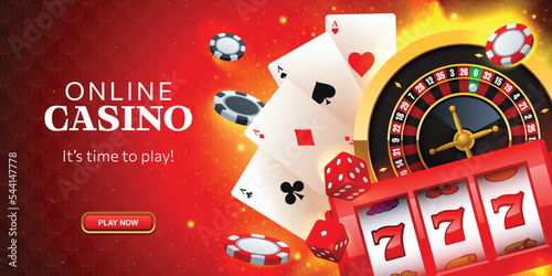 Web banner for online casino with button, roulette wheel, slot machine, playing cards, casino chips and dices