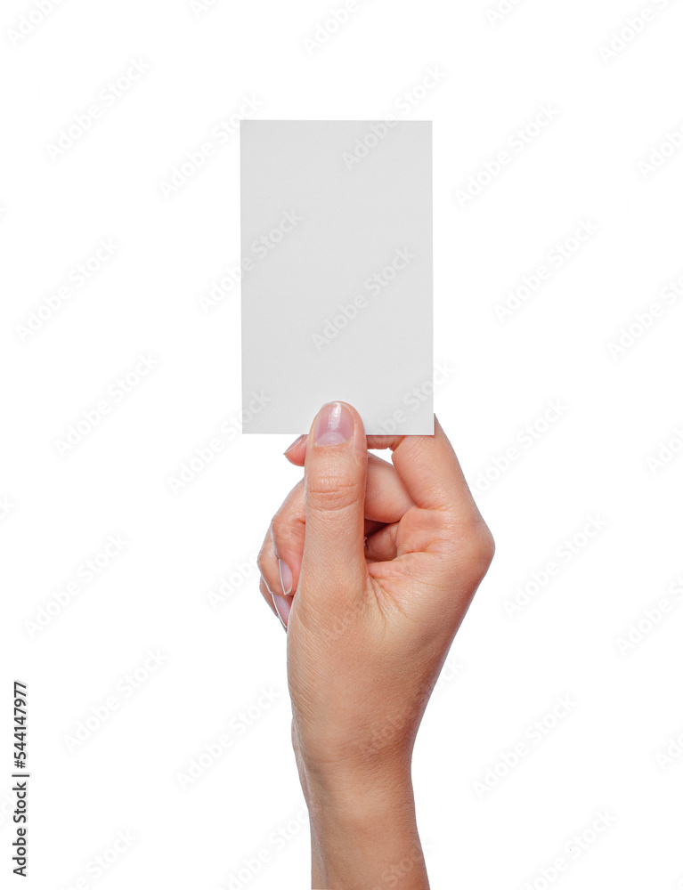 Woman holding blank business card in hand. Isolated on white. Woman holding blank business card in hand. Isolated on white.