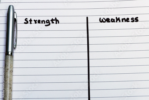 White notebook with pen and written text STRENGTH, WEAKNESS. Concept of making personal defined lists of strong and weak points for a job interview for self improvement.