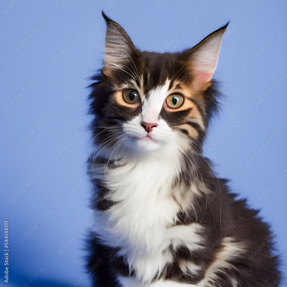 Fluffy kitty looking at camera on blue background, front view. Cute young long hair calico or torbie cat sitting in front of colored background with copy space. 10 month old female kitten. Isolated