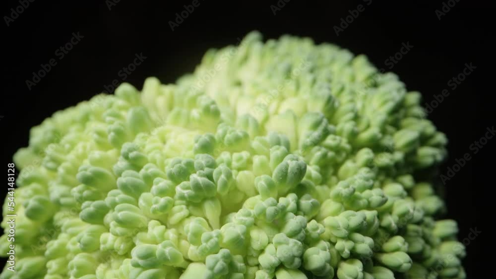 Broccoli extreme macro, zoom. Slow falling and moving away. Isolated black background. Rotation. Broccoli extreme macro, zoom. Slow falling and moving away. Isolated black background. Rotation.