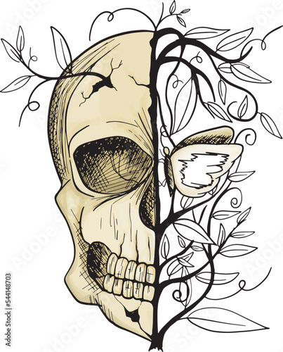 Skull head ruined butterflies and floral line art tattoo