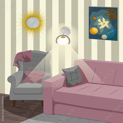 Cosy interior of a living room with gray armchair, dark rose couch, pillows, gray carpet, mirrow, picture and light on the strip wall