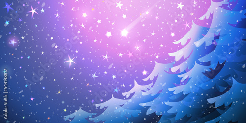 Winter night with stars and snow in forest, Christmas nature fairytale magical wallpaper. Winter stars and in dark forest colorful landscape. Vector artistic cartoon illustration. photo