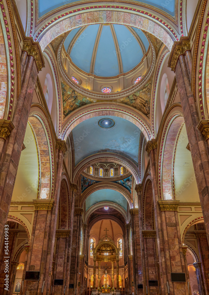 The interior of a cathedral in Cuenca, Ecuador (Cathedral of the Immaculate Conception.)	