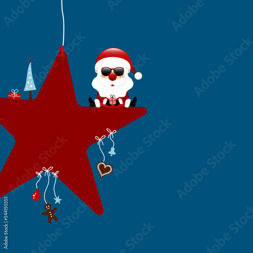 Sitzender Weihnachtsmann Sonnenbrille Auf Stern Mit Icons Dunkelblau Dunkelrot