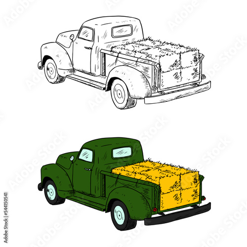 Hay bale truck. Color and black and white. Vector cartoon illustration. Isolated on white. Hand-drawn style.