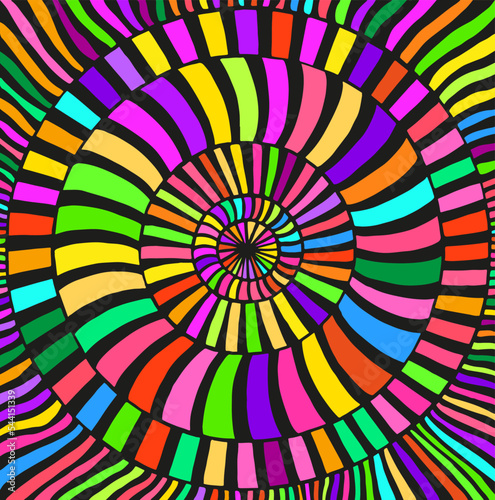 Rainbow psychedelic colorful pattern with many circles of stripes tabby waves. Fantastic art with decorative texture. Surreal doodle pattern.