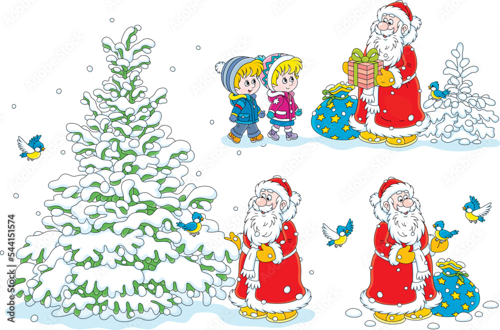 Vector cartoon set of Santa Claus with holiday gifts for happy little kids, a snowy Christmas tree in a winter forest and merry small birds flying around