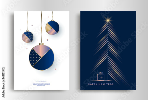 New Year greeting card design with stylized christmas tree and balls. Merry Christmas invite posters.