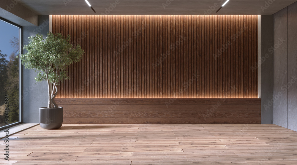 Empty room interior with slated wood wall panels, 3d rendering Stock ...