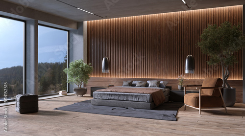 Modern bedroom interior with slat wood wall panels, 3d rendering 