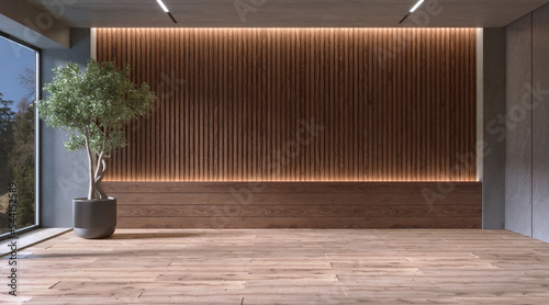 Empty room interior with slated wood wall panels, 3d rendering  photo