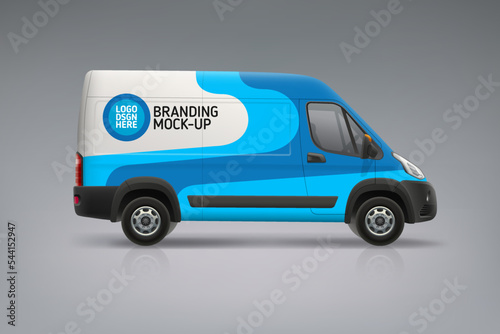 Realistic Branding Van mockup with abstract blue graphics. Brand identity design for company. Abstract blue graphics on corporate vehicle. Brand advertising livery on company Car. Editable vector