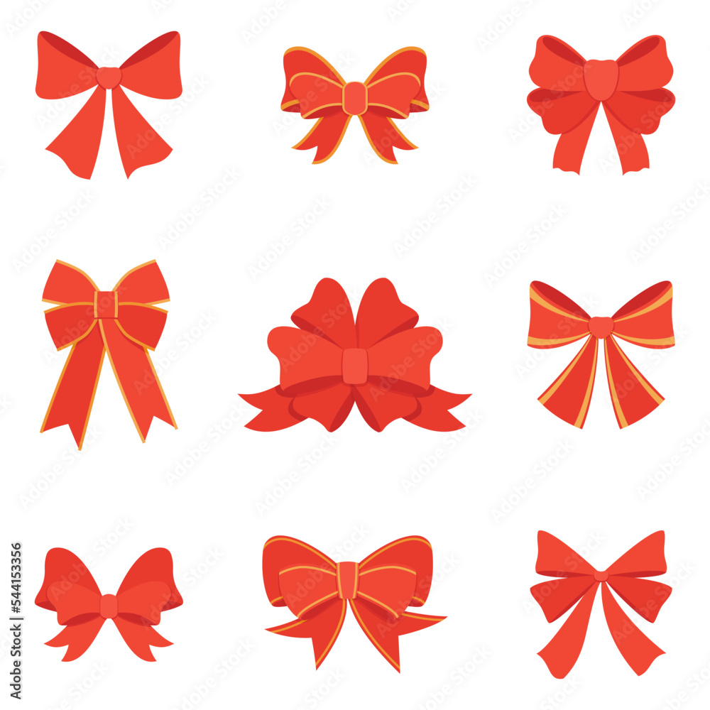 Decorative set with elegant red bows from ribbon for decorating gifts, surprises for holidays. Decor for greeting cards for birthday, christmas, new year. Vector flat illustration