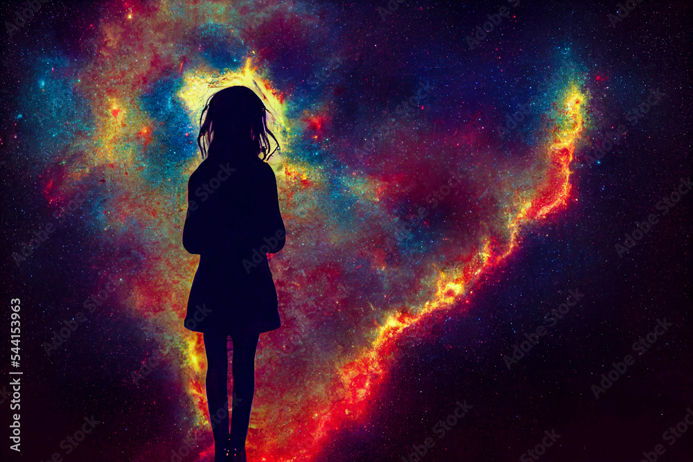 silhouette of a girl in a dress looking into space