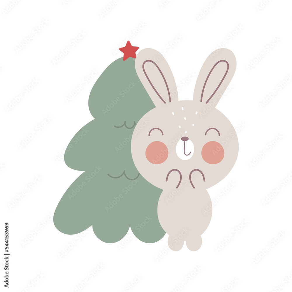 Christmas cartoon Rabbit. Vector print on the white background. For kids stuff, card, posters, banners, children books, printing on the pack, clothes, fabric, wallpaper, textile or dishes. Christmas cartoon Rabbit. Vector print on the white background. For kids stuff, card, posters, banners, children books, printing on the pack, clothes, fabric, wallpaper, textile or dishes.