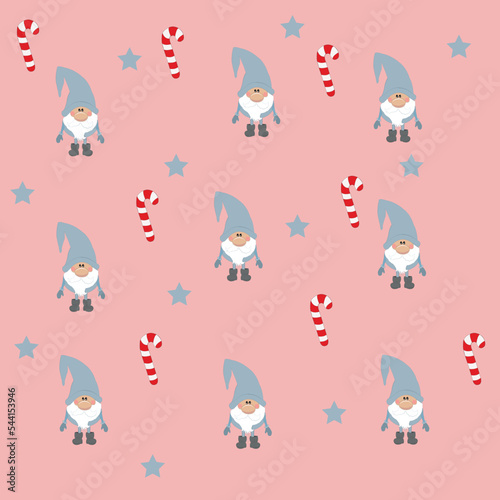 Cute Christmas gnome in a blue hat with a candy cane on a light pink background with stars, seamless pattern for textile