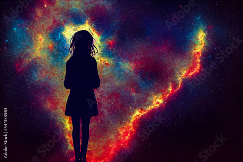 silhouette of a girl in a dress looking into space
