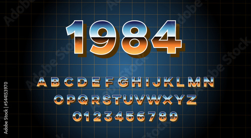 Retro gradient iron font. Metallic letters and numbers on grid 80's background. Sci-fi alphabet in retro style. Synth Wave ABC.
