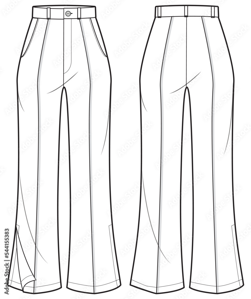 Women's flare pants trouser flat sketch fashion illustration front and ...