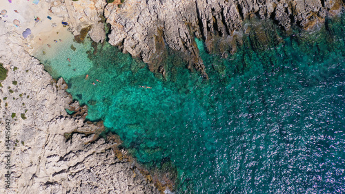 Aerial drone photo of secluded paradise beach of Alaties forming a small fjord, island of Kefalonia, Ionian, Greece