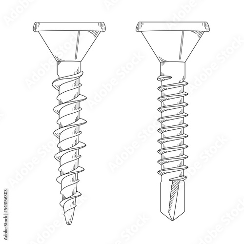 screw working drawing, small tailed self-tapping screws black and white art sketch vector