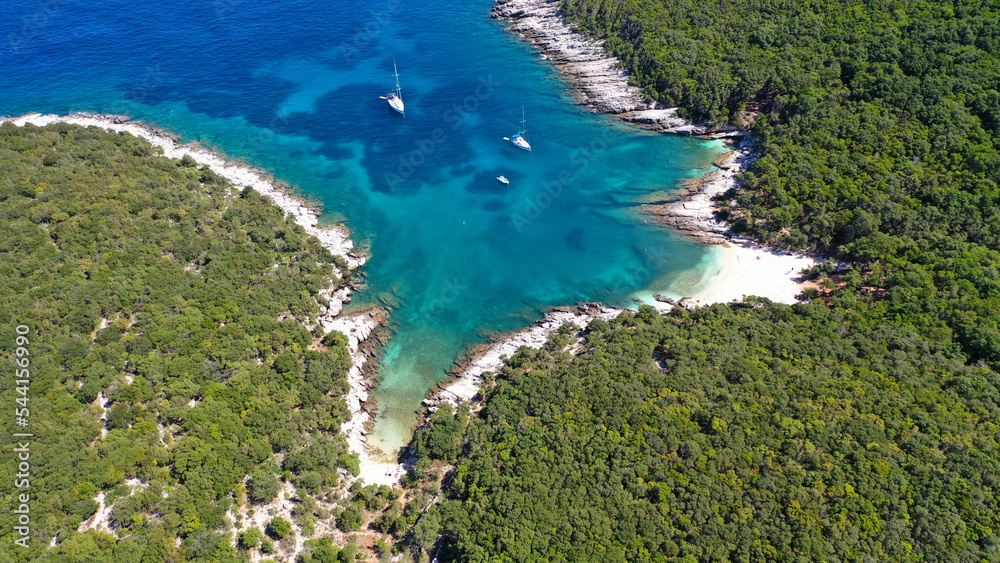 Aerial drone photo of secluded paradise beach of Kimilia one of the most beautiful on the island of Kefalonia very close to Fiskardo village, Ionian, Greece