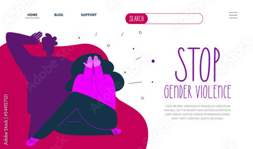 Concept with man torments and beats woman and phrase STOP gender violence for web landing page.  The NO GBV vector illustration in hand drawn art style.
