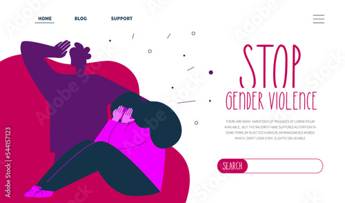 Web landing page сoncept with man torments and beats woman and phrase STOP gender violence.  The NO GBV vector illustration in hand drawn art style.