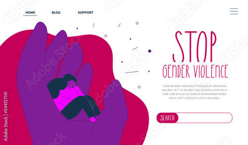 Web landing page сoncept STOP gender violence. The woman cring in man’s hand. The NO GBV vector illustration in hand drawn art style
