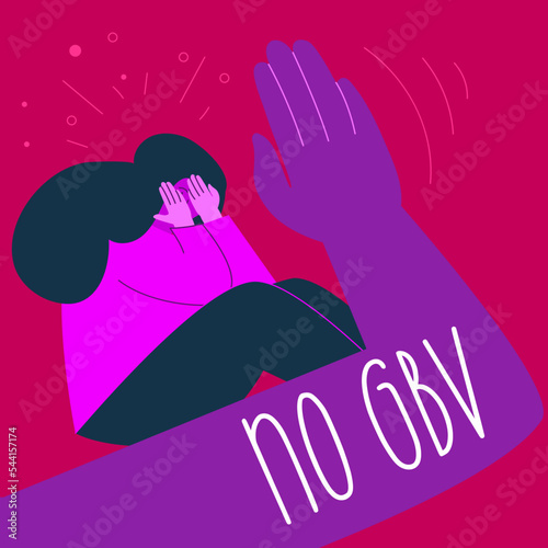 Concept with man hand keep on women and phrase NO GBV. The vector illustration STOP gender violence in hand drawn art style.