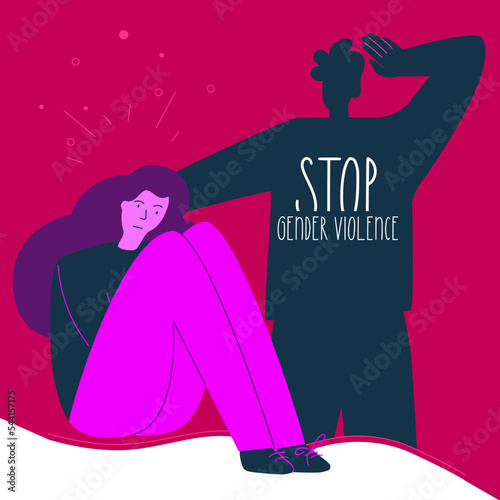Concept with man beats women and phrase STOP gender violence. The NO GBV vector illustration  in hand drawn art style.