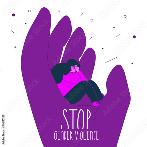 Man hand keep on women and phrase STOP gender violence. The vector illustration with concept GBV in hand drawn art style.