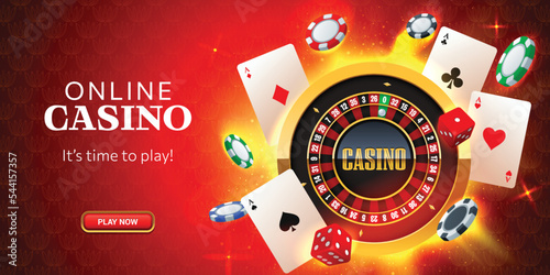 Web banner for online casino with button, roulette wheel, playing cards, casino chips and dices