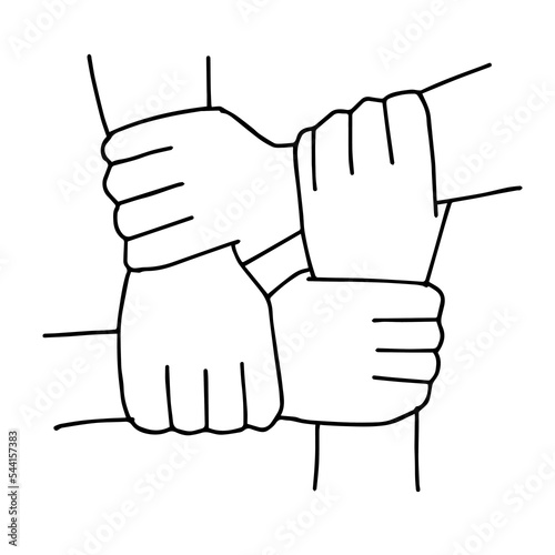Four hands together concept teamwork united teamleading Arm interlocking with each other on wrist jointly collaboration. international suport team