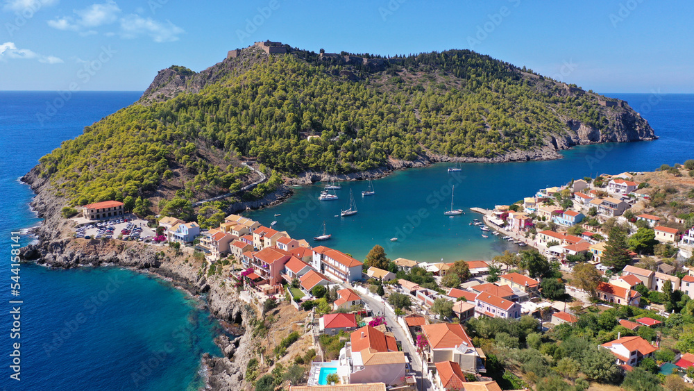 Aerial drone photo of beautiful colourful and picturesque small fishing coastal village of Assos in island of Kefalonia, Ionian, Greece