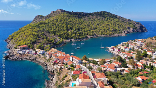 Aerial drone photo of beautiful colourful and picturesque small fishing coastal village of Assos in island of Kefalonia  Ionian  Greece