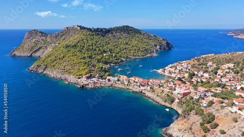 Aerial drone photo of beautiful colourful and picturesque small fishing coastal village of Assos in island of Kefalonia, Ionian, Greece © aerial-drone