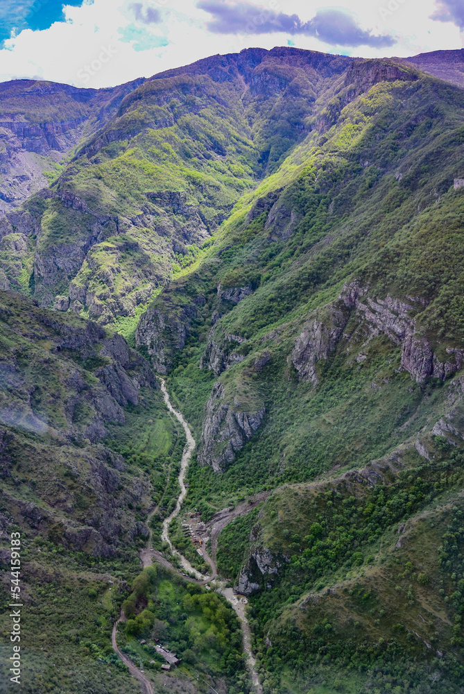 View of the green mountains from the Wings of Tatev cable car. Picturesque views. Armenia 2019