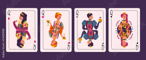 Cartoon Color Four Queens Figures from Deck of Playing Cards Set Concept Flat Design Style. Vector illustration © bigmouse108