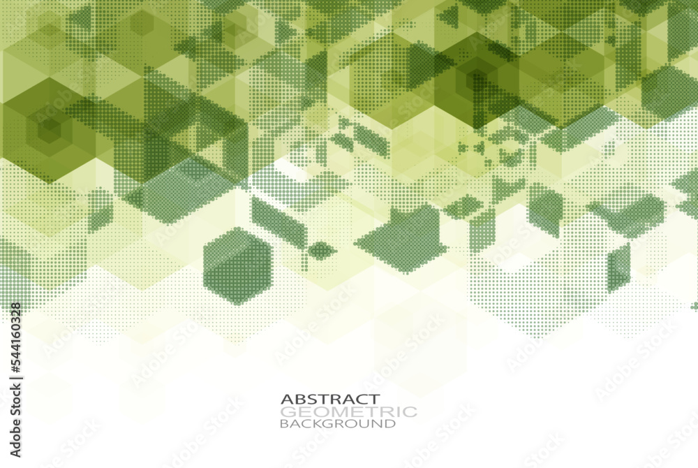 Geometric abstract background of green hexagons on white background