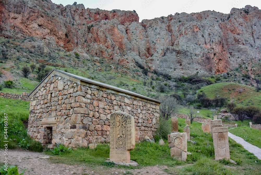 The territory of the Armenian monastery of Noravank in the morning. At dawn. May 6, 2020. Armenia.